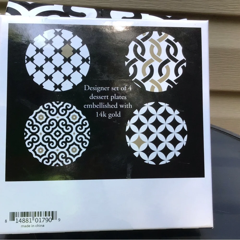 New in Box “Designer Set of (4) Dessert Plates, Embellished with/ 14K Gold”